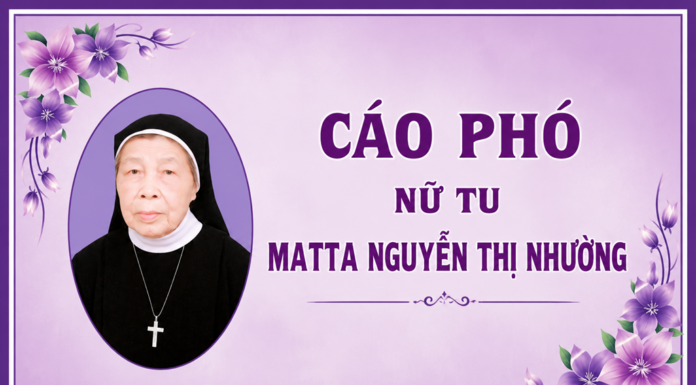 Cáo phó: Nữ tu Matta Nguyễn Thị Nhường (Hội dòng Mến Thánh Giá Vinh)